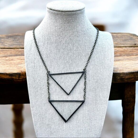 Modernist Clear Glass Double Triangle Pendant Necklace Architectural Brutalist - Picture 1 of 3